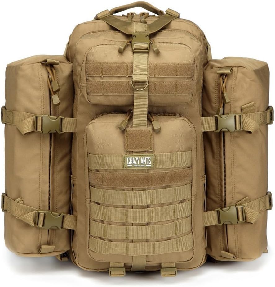 CRAZY ANTS Military Tactical Backpack Waterproof Outdoor Gear for Camping Hiking,Black + 2 Detachable Packs