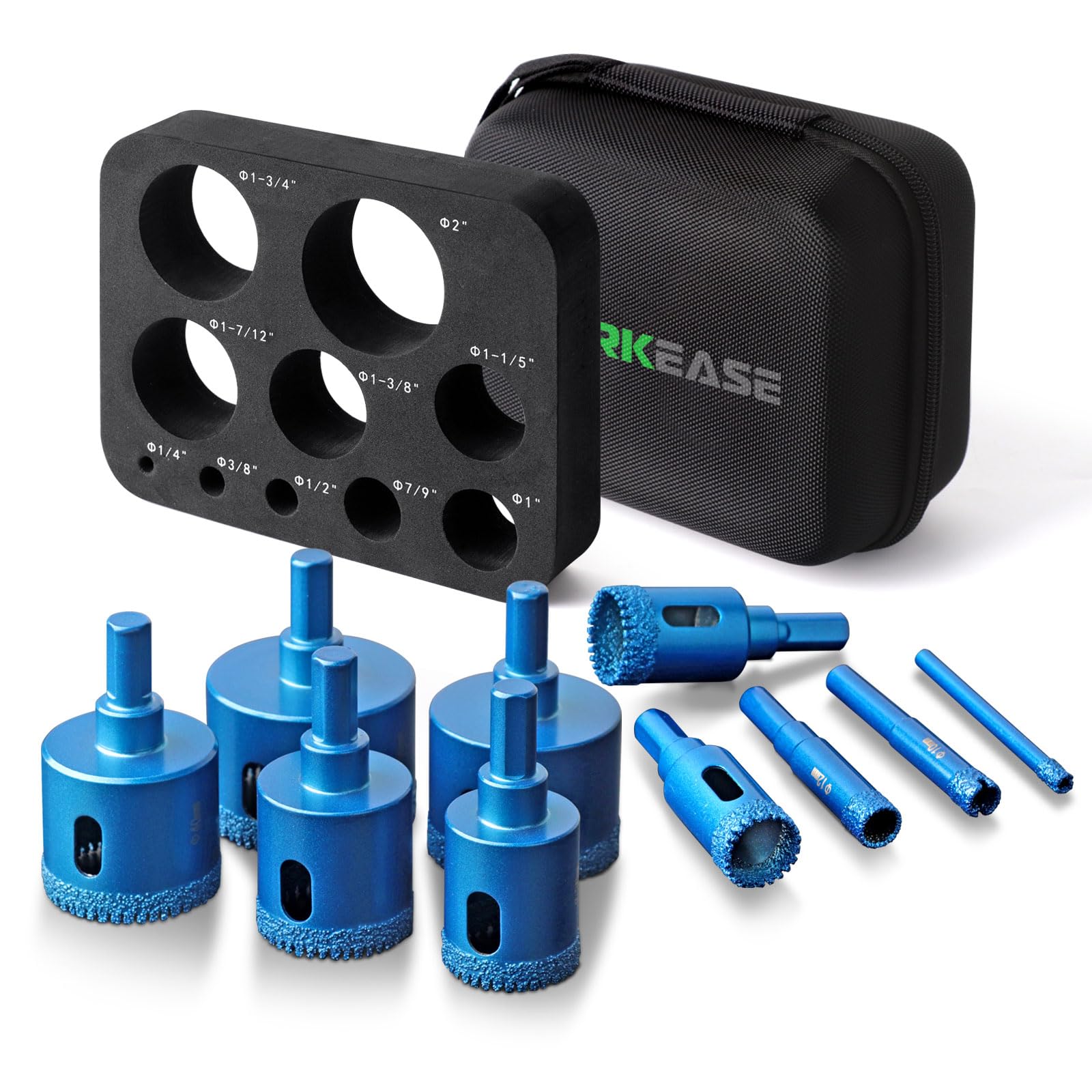 WORKEASE Tile Hole Cutter Set, 10 PCS Serrated Brazing Core Drill Bits with EVA Mould for Hole Saw Guide Jig Hollow Tile, Glass, Ceramic, Wood, Marble, Granite