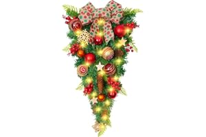 YASTOUAY 24" Christmas Swags and Stair Wreath, Outdoor Christmas Teardrop Swag with Lights, Christmas Wreath with Christmas Balls Pinecones Berries for Stairway Front Door Fireplace Window Wall Decor