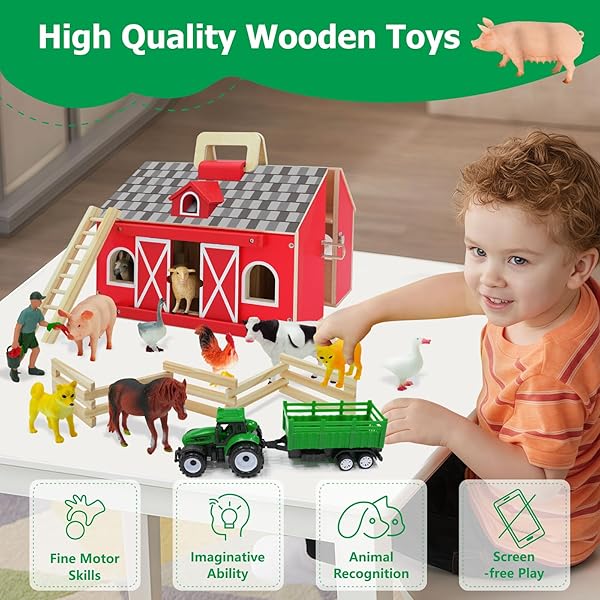 SIMPLIPLAY FARM ANIMAL TOYS WITH PORTABLE LARGE WOODEN BARN FOR KIDS 3+ YEARS OLD, 10 PCS FARM ANIMALS FIGURES FOR BOYS, GIRLS, ANIMAL LOVERS, IDEAL GIFT FOR KIDS TODDLERS, IMPROVE FINE MOTOR SKILLS