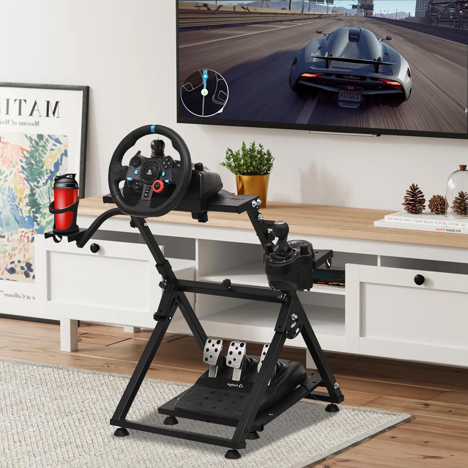 CXRCY Soporte para volante de carreras con portavasos, altura ajustable y plegable, soporte para volante compatible con Logitech G920 G29 G27 G25 Gaming Cockpit (rueda y pedales no incluidos)