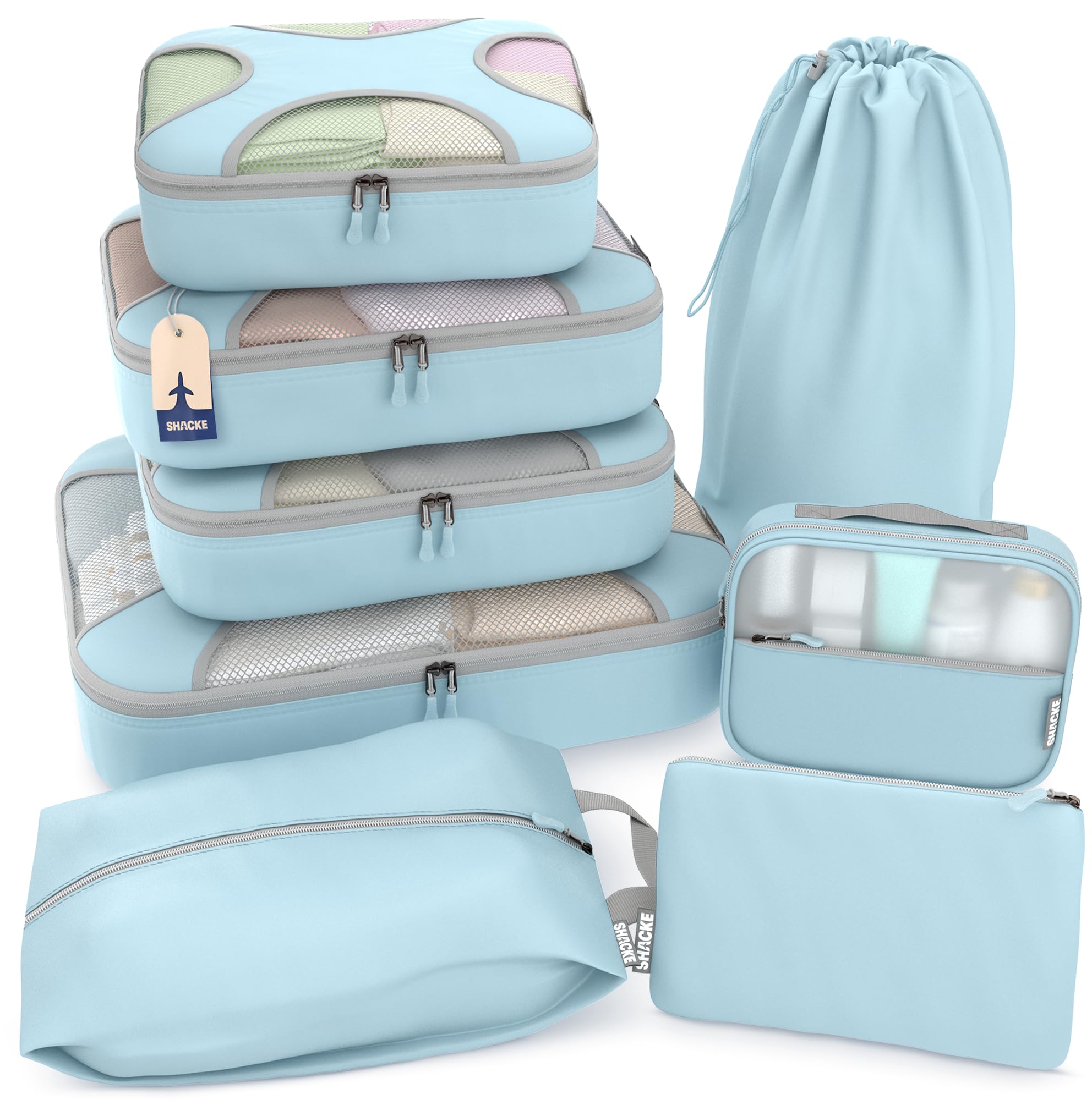 Shacke Shacke Premium 8 Packing Cubes Set - Lightweight Mesh Travel Luggage Organizers with Laundry Bag, 8-Piece Suitcase Storage System (Sky Blue)