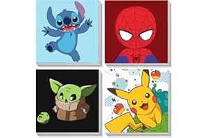 xackcme 4 Pack Cartoon Paint by Number for Kids with Wooden Frame-Cartoon Paint by Numbers for Kids Ages 4-8-12,Easy Paint with Numbers DIY Acrylic Oil Painting Kits for Home Wall Decor(8X8inch)