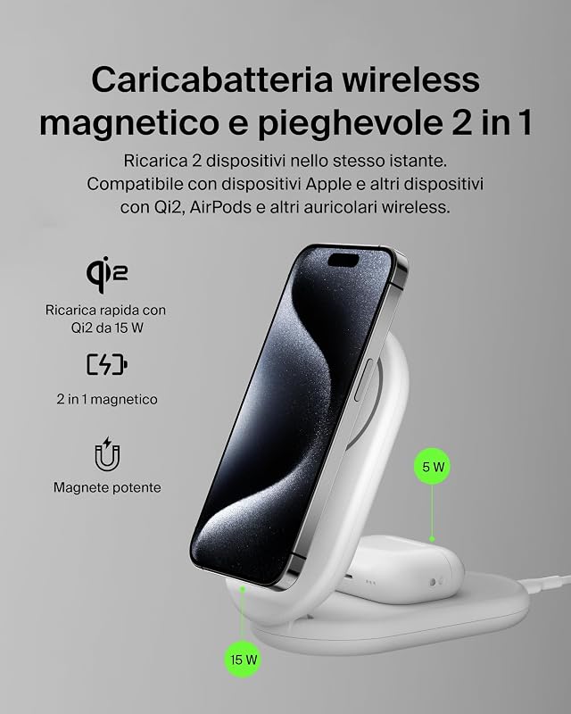 BoostCharge Caricabatteria magnetico pieghevole 2 in 1 con Qi2 15W, Caricatore wireless compatibile con MagSafe, ricarica rapida per Apple iPhone 17, Air, Pixelsnap, alimentatore - Bianco