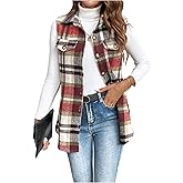 WDIRARA Women's Plaid Vest Button Down Sleeveless Shacket Jacket Collar Outerwear