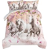 HOSIMA Horse Bedding for Girls, Pink Cherry Blossom Printed Twin Comforter Set with 2 Pillowcases, 3D Farm Wild Animal Pattern, Western Bedding Set Theme