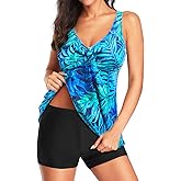 Yonique Women 2 Piece Flowy Tankini Swimsuits with Boyshorts V Neck Swim Tank Tops Bathing Suits Modest Swimwear