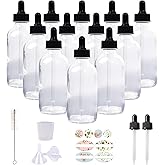 HWASHIN 12 Pack 4oz Clear Glass Bottles with Glass Eye Droppers for Essential Oils, Perfumes & Lab Chemicals (1 Brush, 2 Funnels, 2 Extra Droppers, 24 Pieces Labels & 30ml Measuring Cup Included)
