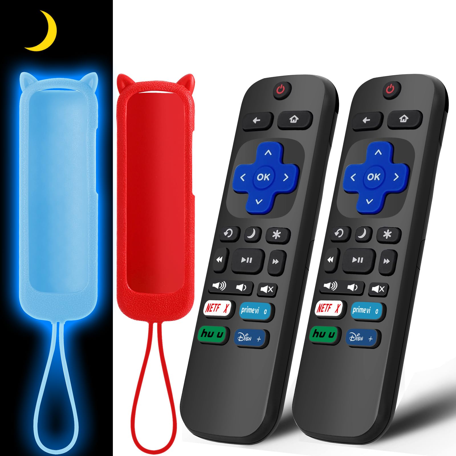 Photo 1 of (2+2 Packs) Replacement Remote for Roku TV with Soft Protective Silicone Cover(Glow in The Dark), Universal Remote for TCL Roku/Hisense Roku/Onn Roku/Sharp Roku/Element Roku/Philips Roku Smart TV