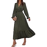 BTFBM Women Fall Maxi Dresses 2025 Long Sleeve V Neck Swiss Dots High Waisted A-Line Ruffle Boho Long Dress Vacation