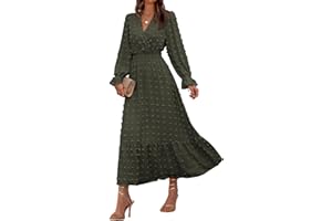 BTFBM Women Fall Maxi Dresses 2025 Long Sleeve V Neck Swiss Dots High Waisted A-Line Ruffle Boho Long Dress Vacation