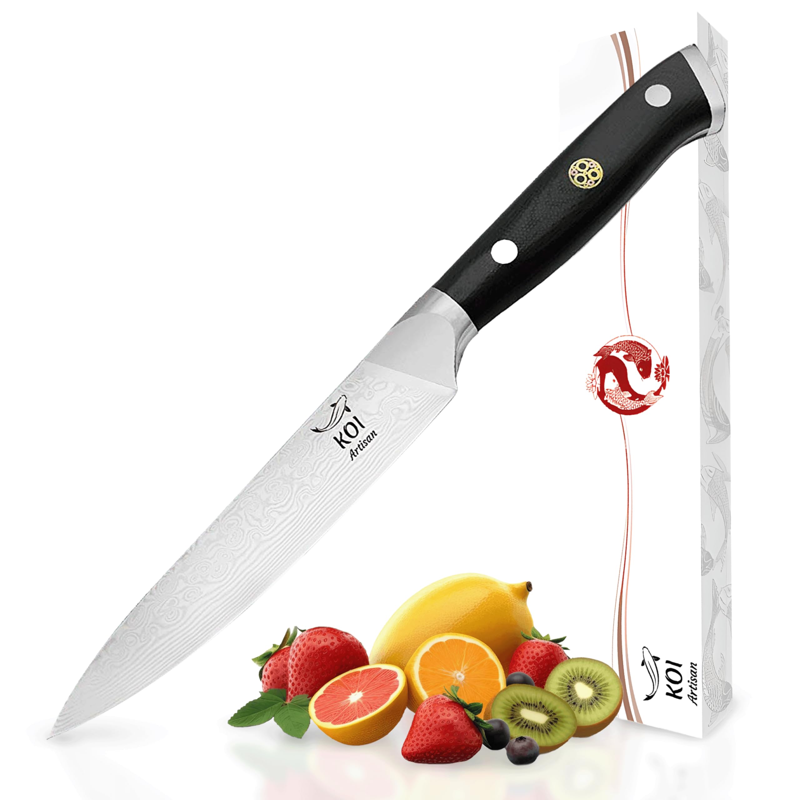 KOI ARTISAN Kitchen Utility Knife - 5 Inch Razor Sharp Blade - 67 Layers of Japanese Kitchen Knife - Damascus VG10 Super Steel - Professional Chef Knife