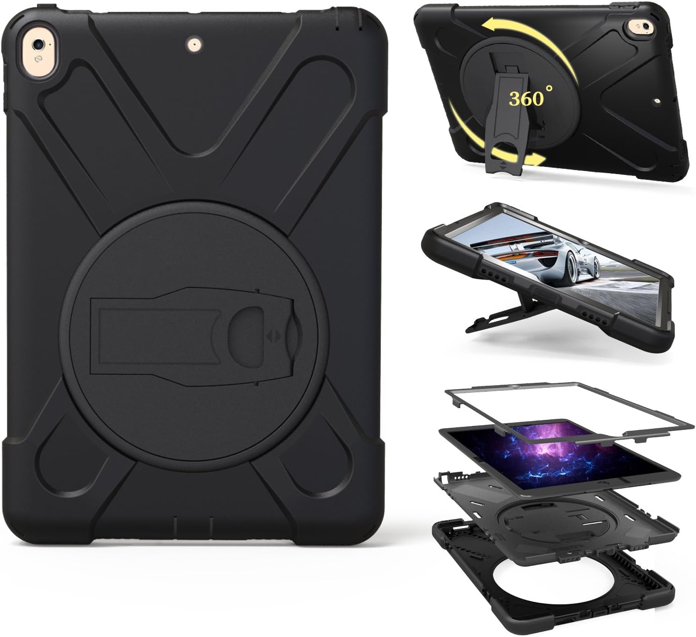 iPad Pro 10.5 Case, Heavy Duty Hybrid Shockproof Protection Cover Built With Kickstand and Hand Strap for Apple iPad Pro 10.5 Tablet (Black)
