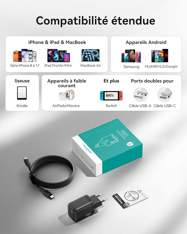 30W Chargeur USB C, 2-Port Prise GaN Chargeur Charge Rapide avec Câble
