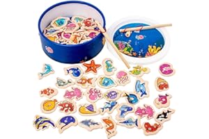 Montessori Fishing Toys Wooden Fish Games - Two Fishing Poles, Board Game for 1-2 Players, & Burr- Educational Toy for Kids &