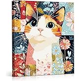 Floral Cat Canvas Wall Art, Patchwork Flower Patterns Artwork, Aesthetic Poster Print, Whimsical Cats Wall Art for Living Room Bedroom Office Home Decor 8x10 Inches