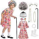 nezababy Kids Old Lady Costume for Girls Grandma Wigs Dress Glasses Necklace Granny Outfit 100 Days of School Cosplay