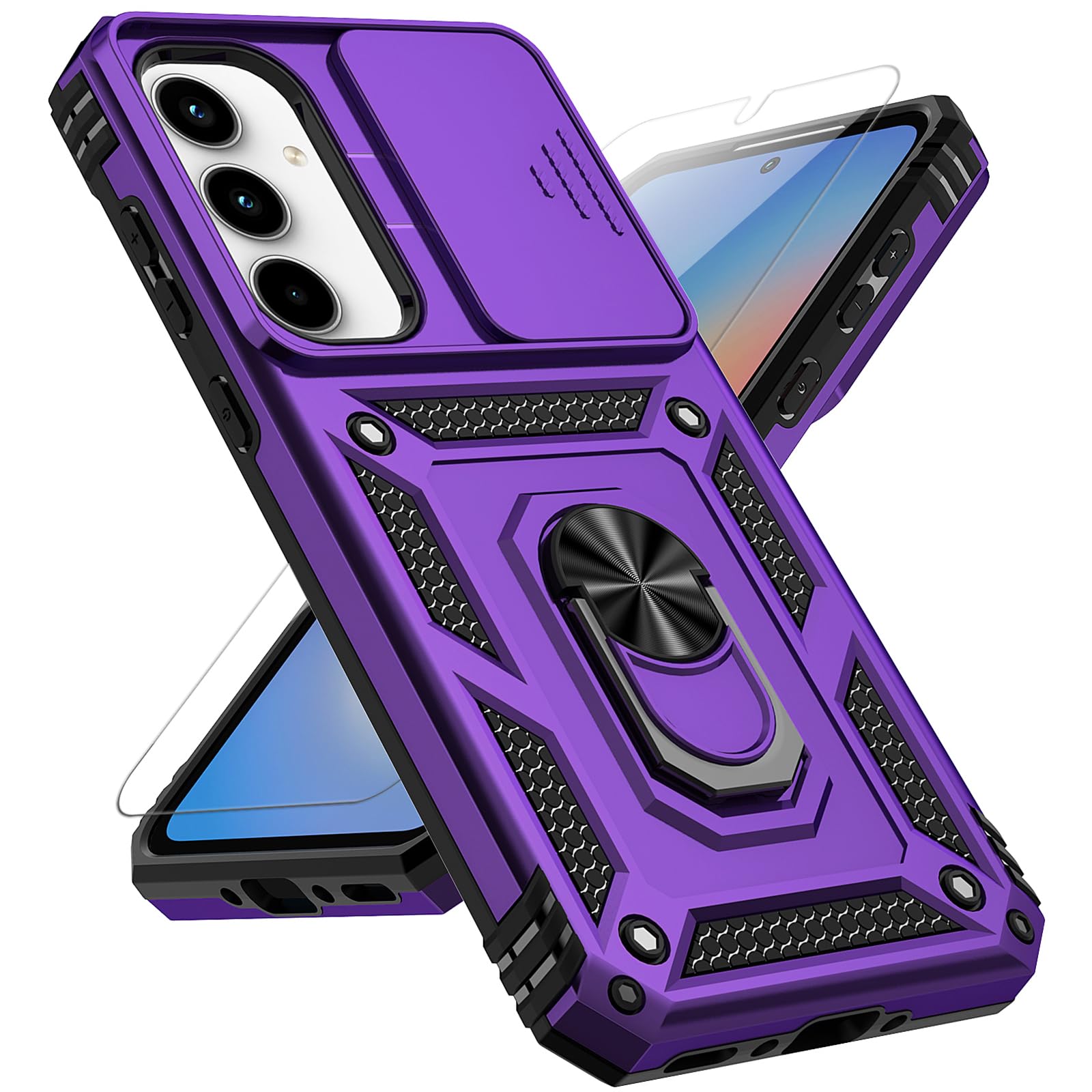 Photo 1 of ***2 PACKS INCLUDED***for Samsung Galaxy A35 5G Case with Slide Camera Cover HD Screen Protector [Military Grade 16ft. Drop Tested] Magnetic Ring Holder Kickstand Protective Phone Case for Galaxy A35 5G 2024, Purple***2 PACKS INCLUDED***