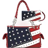 American Flag USA Stars and Stripes Patriotic Leather Purse Women Rhinestone Country Handbag Wallet Set Red White and Blue