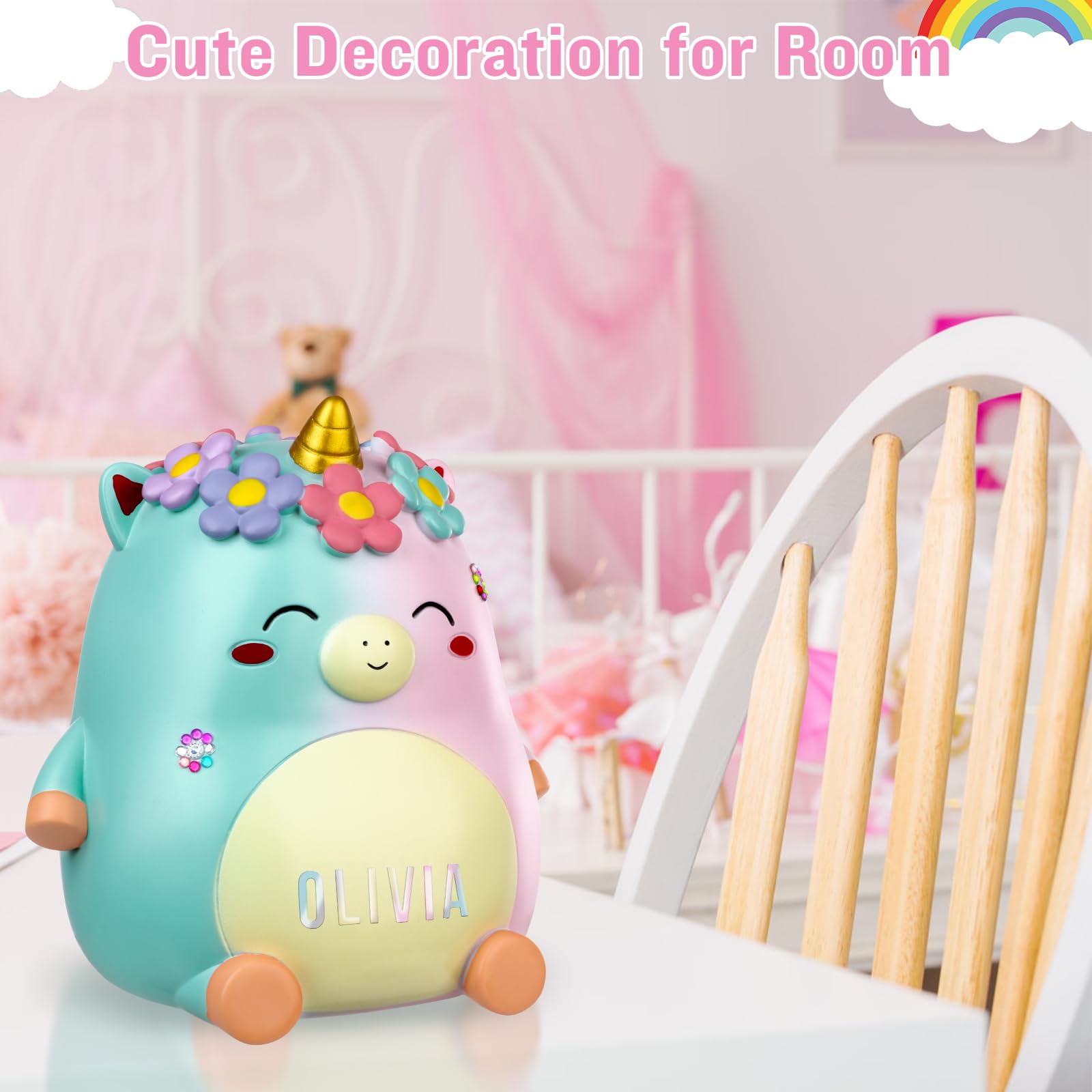Unicorn Piggy Bank Girls – Cute Rainbow Kids Piggy Bank for Girls, Personalized Unbreakable Resin Coin Money Bank for Kids with Stickers for Toddlers… (Rainbow)