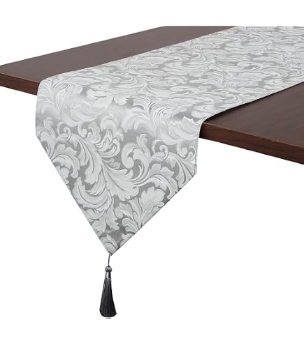 Silver Velvet Table Runner With Tassels - 48 Inch, Foil Print, For Weddings, Holidays & Dining Decor