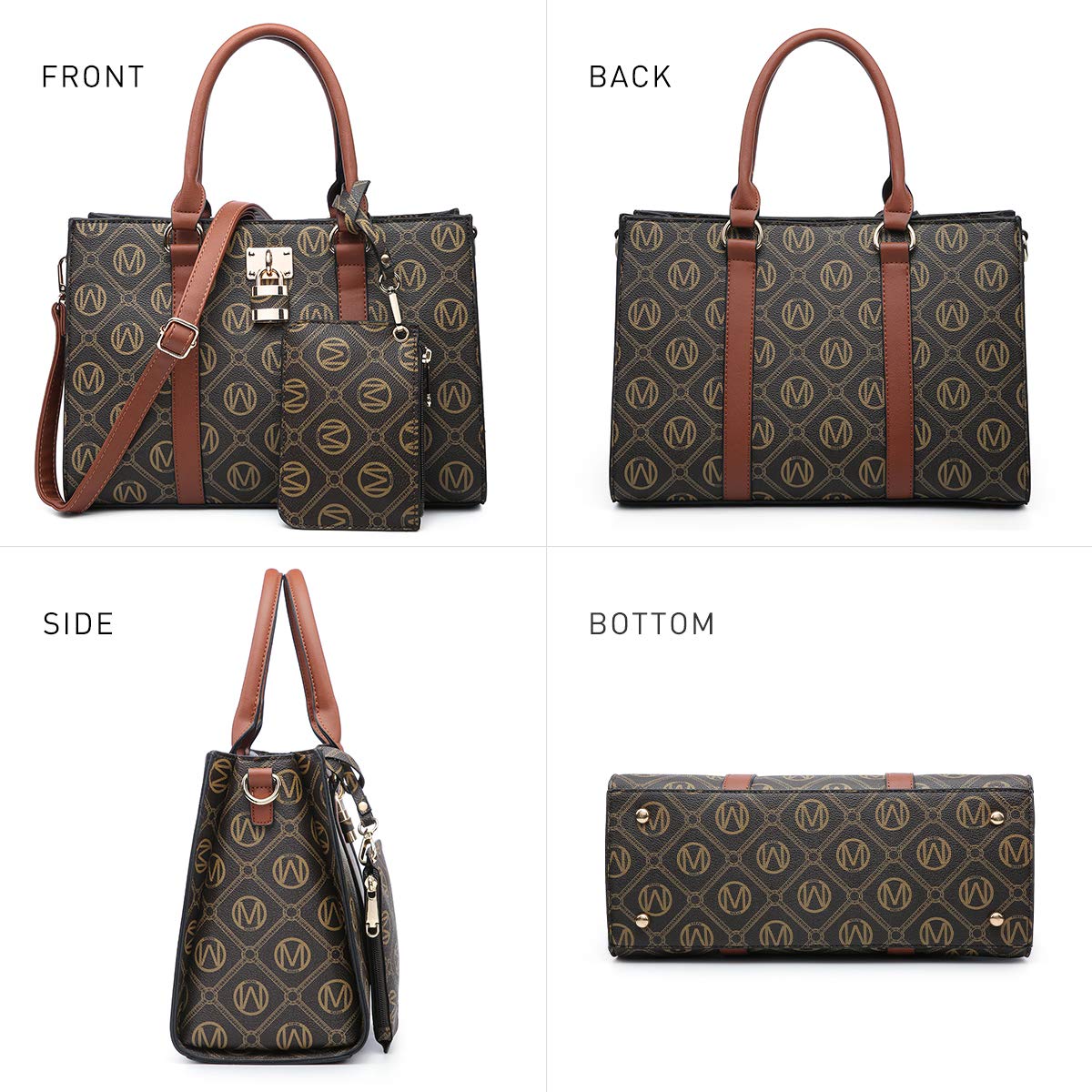 MKP Women Fashion Top Handle Handbags Purses Satchel Tote M Signature Padlock Shouler Bags Work Bag with Wallet Wristlet Set 2pcs (Coffee)