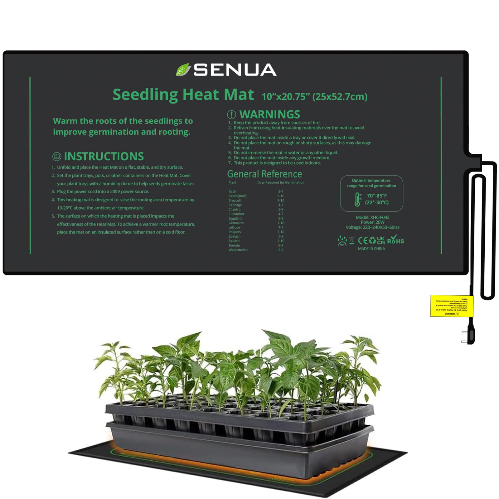 Senua Seedling Heat Mat 20W Heated Propagator Durable Waterproof Seedling Heating Pad for Winter Hydroponic Indoor Seedling Germination 10"x 20.75" (25 x 52.7 cm)
