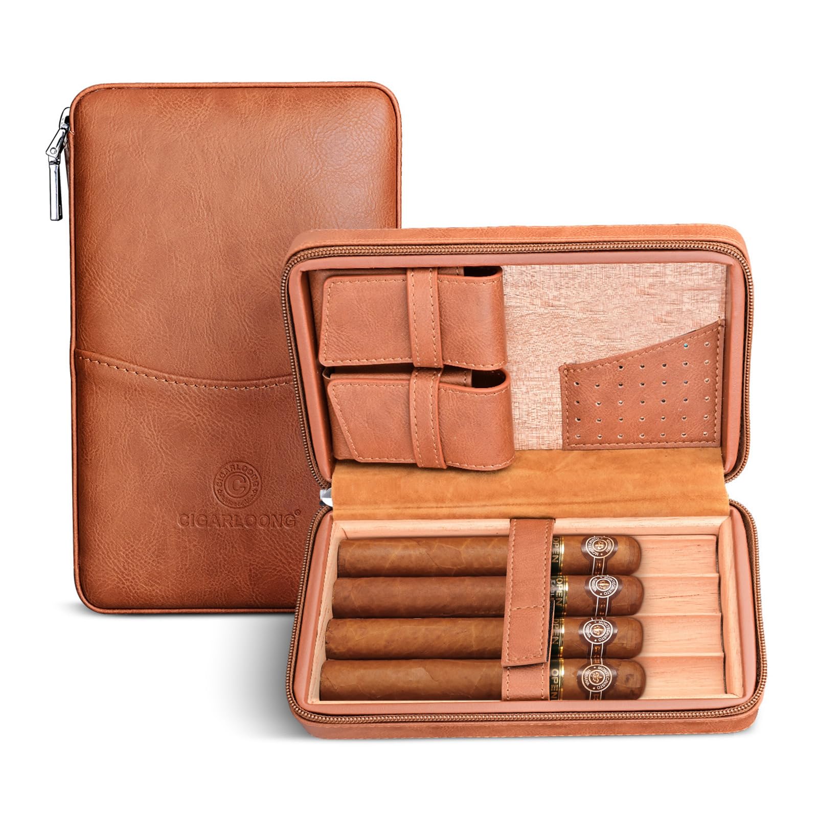 CIGARLOONG Cigar Humidor Leather Travel Case Built-in Removable Cedar Tray with Multifunction Bag(Color:Brown)