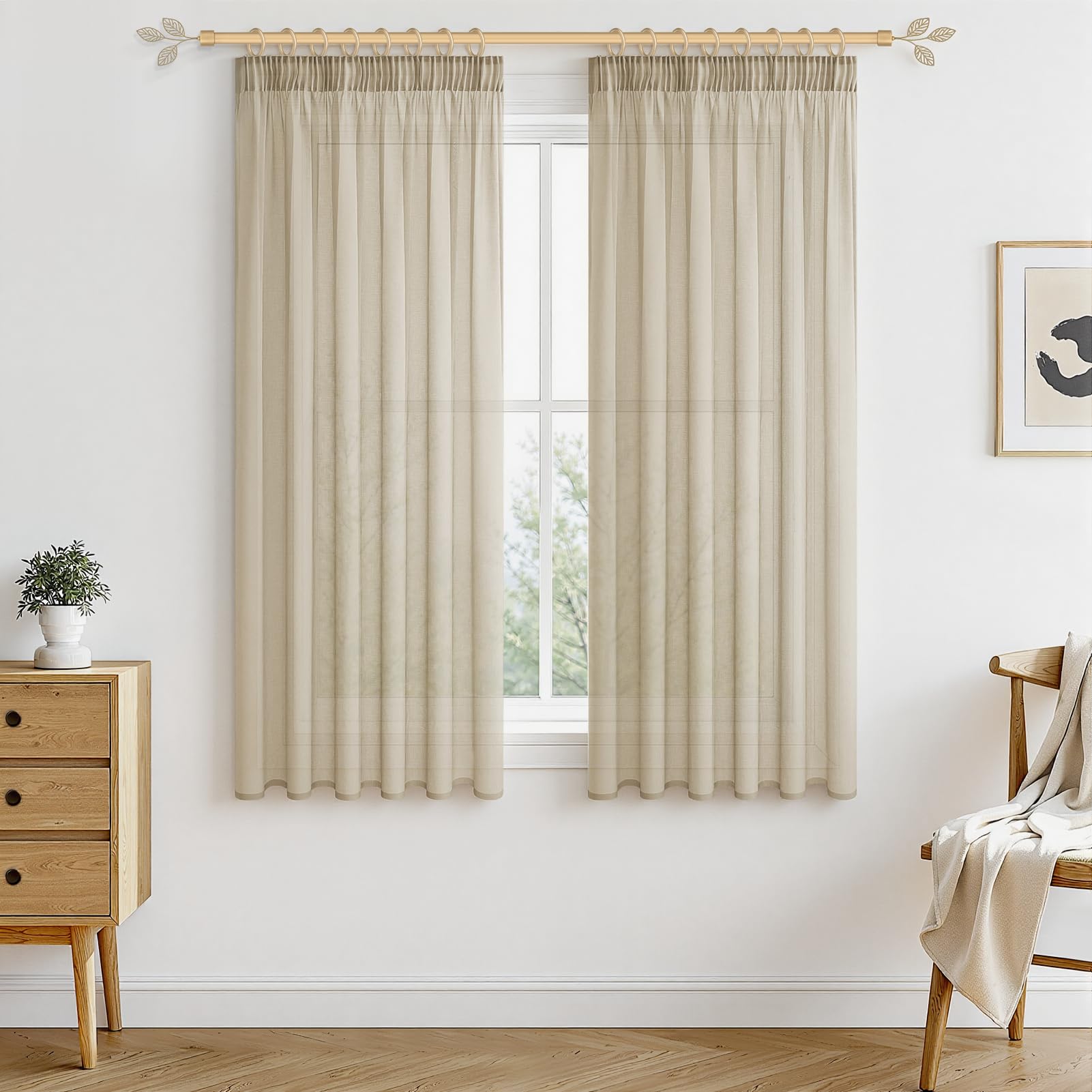 MRTREES Voile Curtains 57 Drop 2 Panels Faux Linen Pencil Pleat Beige Curtains Panel for Bedroom Living Room Patio Door 55x57 Drop 140cm x 145cm