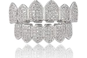 HarlemBling Solid 925 Sterling Silver Real Grillz - Iced CZ - Custom Top & Bottom Grills For Teeth Set - Real Solid Silver NOT BRASS