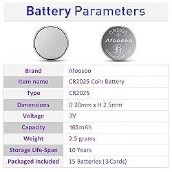 Afoosoo CR2025 3V Lithium Coin Battery – 15 Pack