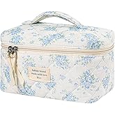 uekeboag Large Travel Quilted Makeup Bag for Women, Floral Cotton Cosmetic Bag, Coquette Aesthetic Floral Toiletry Organizer Bag