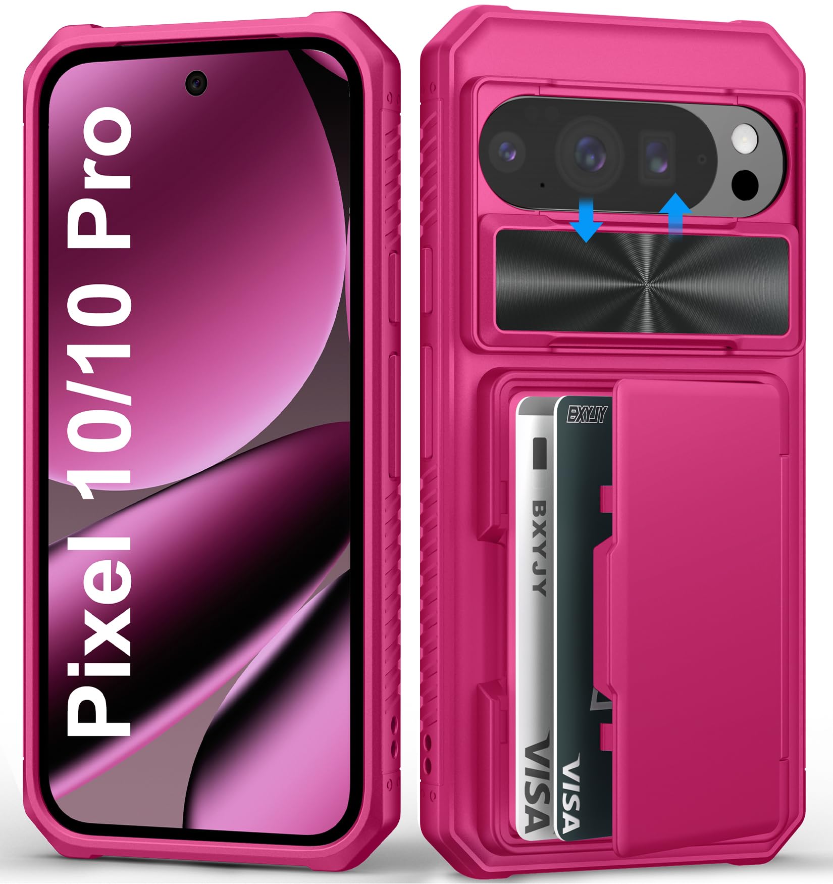 Photo 1 of BXYJY for Google Pixel 10 & 10 Pro Wallet Case, Built-in Card Holder (4-5 Cards), Slide Camera Cover, Military Drop Protection, Rugged Heavy Duty Men Women Durable Case for Pixel 10 & 10 Pro, Hot Pink