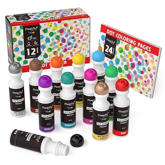 Waschbare Marker, Magicfly 12 Farbige Dot Marker mit zusätzlichem Malbuch für Kinder, ungiftiger Dauber Marker Perfekt für di