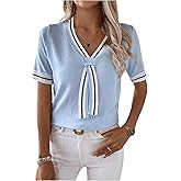 MakeMeChic Women's Striped Sweater Tops V Neck Short Sleeve Contrast Binding Summer Knit Top