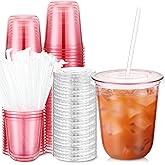 Ziliny 50 Sets Clear Plastic Cups with Lids and Straws, Disposable Iced Coffee Cups Drinking PET for Cold Drinks, Juice, Smoothie, Coffee Shops, Party, Christmas (Pink,14 oz)