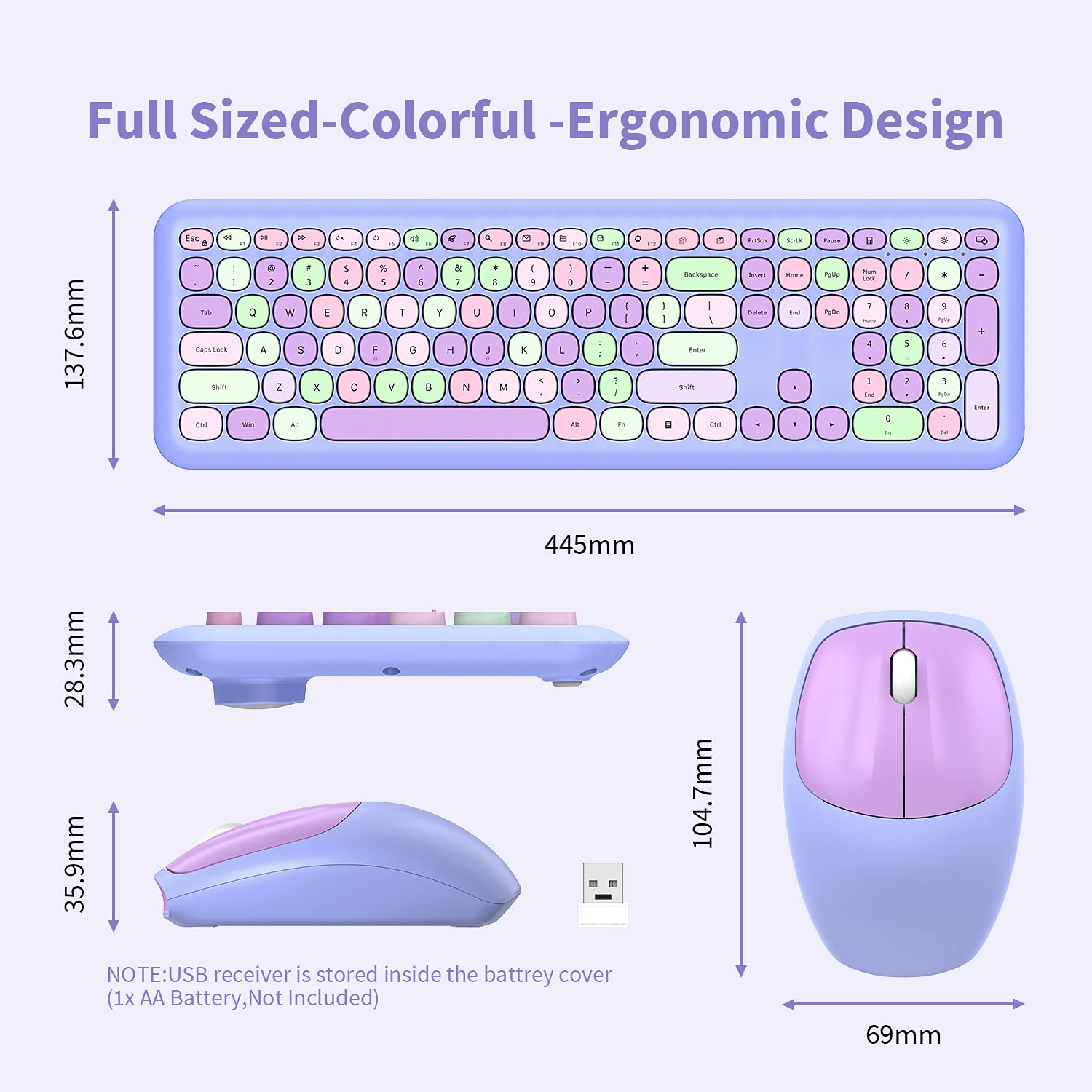 Wireless Keyboard and Mouse Combo, 2.4GHz Full-Sized Colorful Cute Keyboard Mouse Set with Retro Typewriter Flexible Round Keys for Windows, Computer, Laptops, PC Purple Colorful