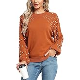 MISS MOLY Women's Chunky Sweaters Lantern Sleeve Crewneck Oversized Knitted Pullover Sweater with Pearls