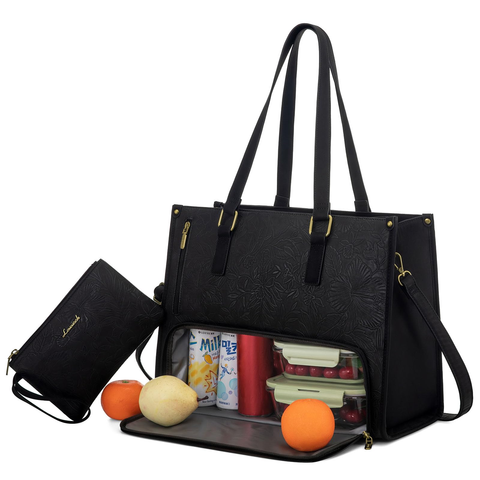 Photo 1 of LOVEVOOK Lunch Tote Bag for Women, 15.6 Inch Laptop Bag with Insulated Lunch Compartment, Quilted Large Capacity Computer Handbag with Purse for Business, Work, Collage, Office, Casual, Jet Black