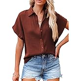 Dokotoo Casual V Neck Button Down Shirts for Women Solid Short Sleeve Blouse Tops