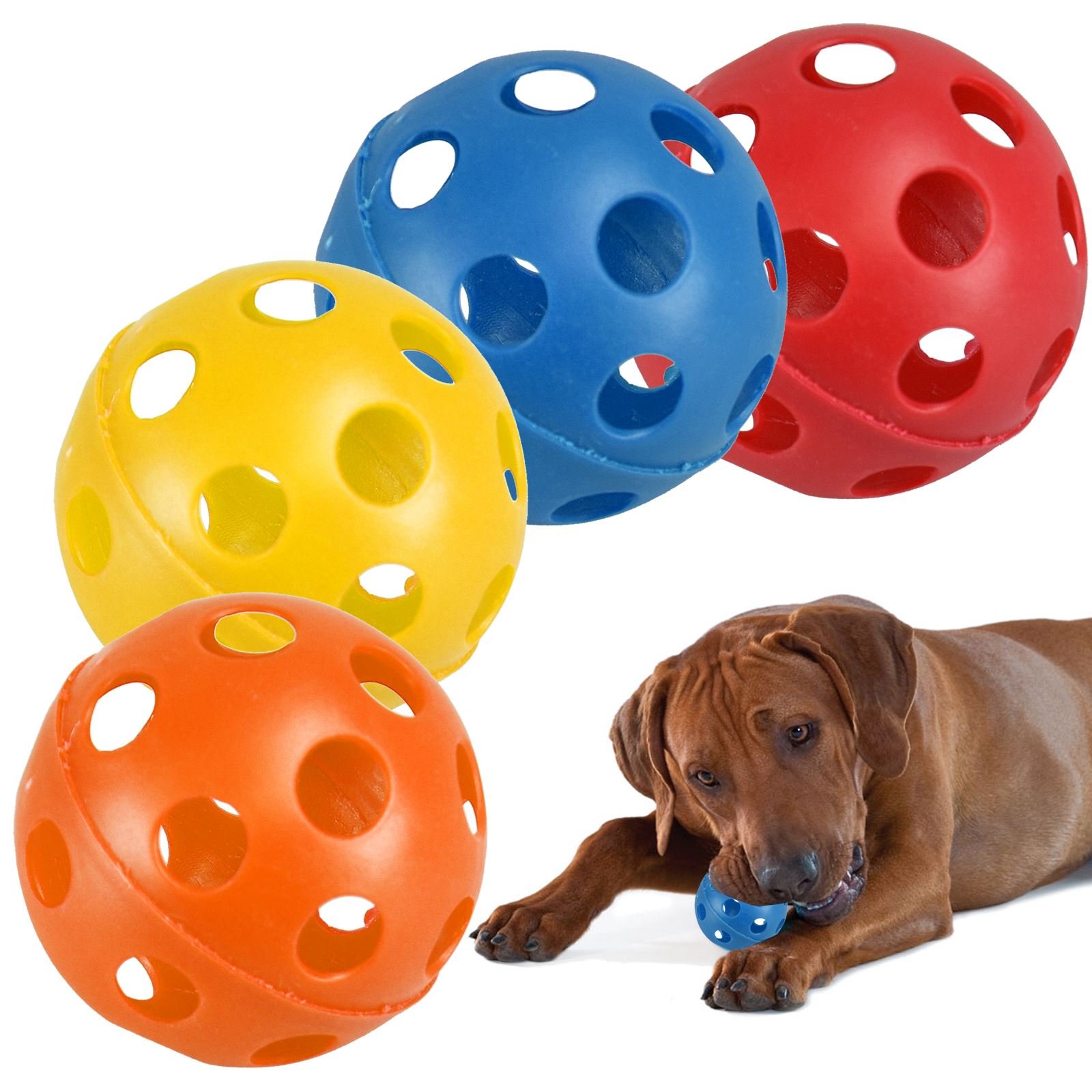 ASAB 4 Pack Large Hollow Plastic Coloured Air Flow Pet Play Balls Dog Cat Puppy Toy Red Yellow Blue Orange Set