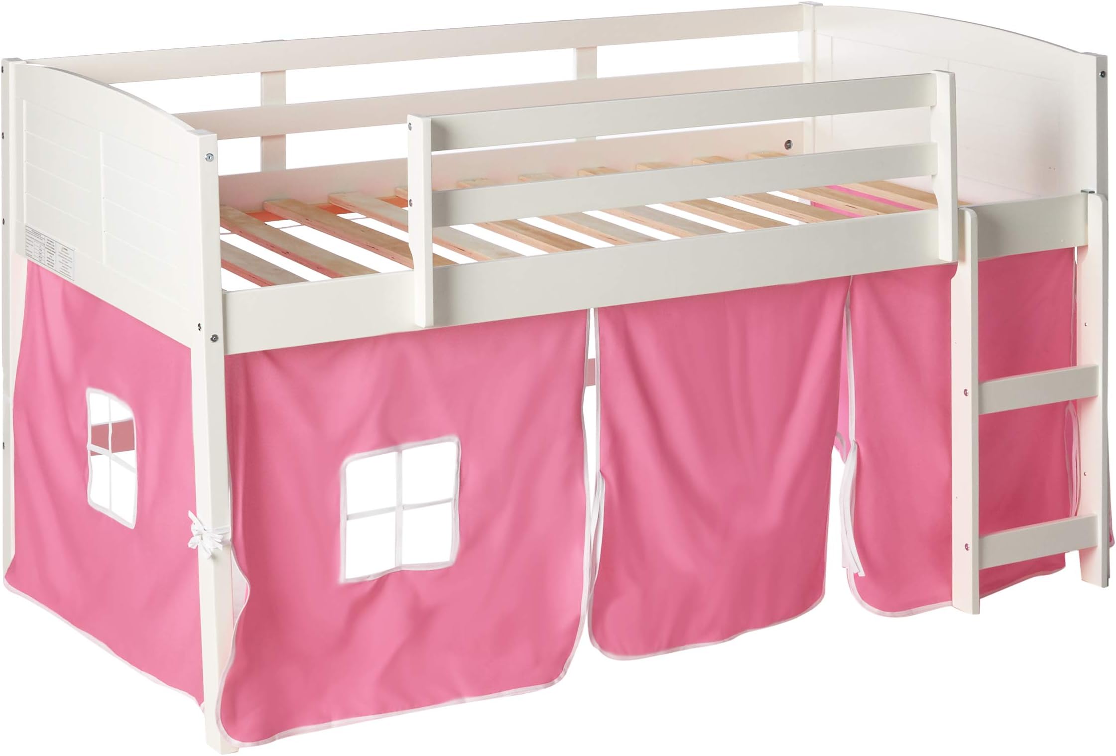Donco Kids Louver Low Loft Bed with Pink Tent Twin White