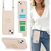 Lipvina for iPhone 14 Plus Case with Card Holder for Women,Phone Case with Strap,Crossbody Lanyard,Ring Stand,Snap Clasp,Cute Wallet Cases 6.7 inch (Beige)