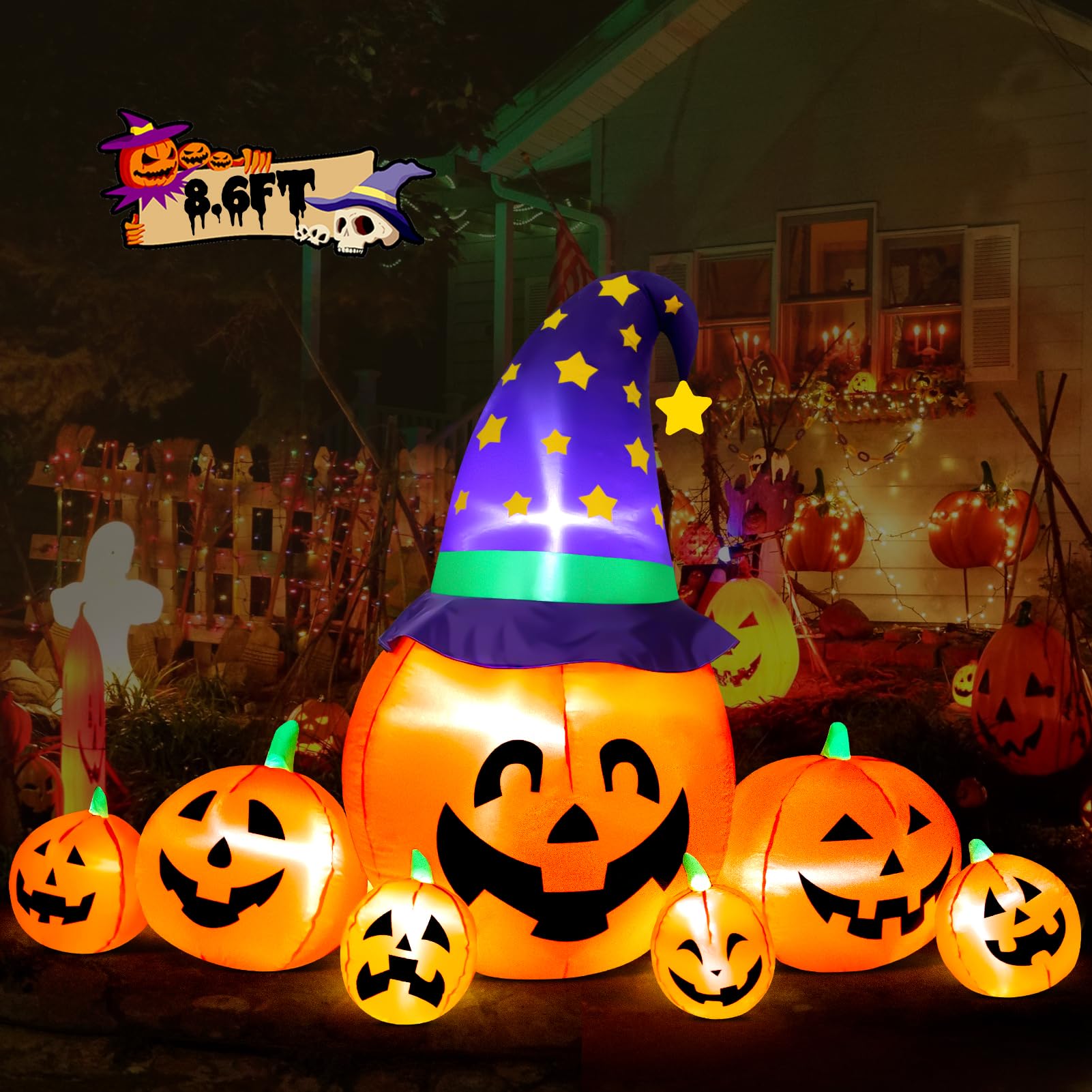 Photo 1 of Halloween Inflatables Pumpkins Decoration with Hat, 8FT Outdoor Halloween Blow Up Pumpkins Decorations for Yard, Patio, Garden, Lawn Or Halloween Parties