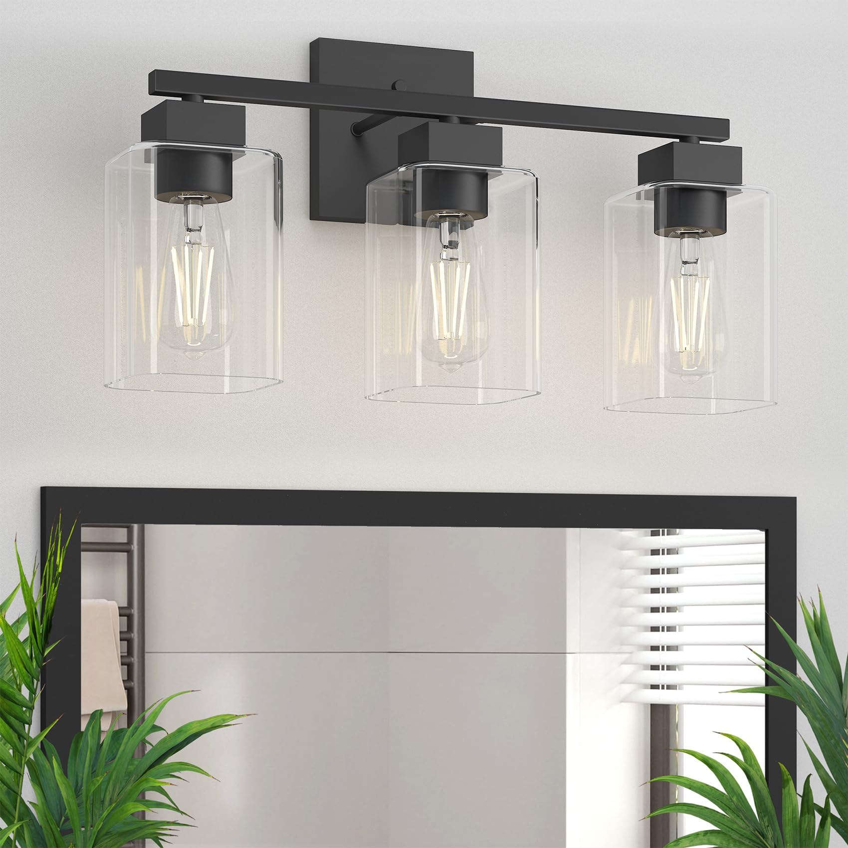 Photo 1 of Espird Matte Black Bathroom Vanity Light, 3-Light Vanity Lighting fixtures Over Mirror, Square Design & UL Certification, Wall Sconces with Clear Glass Shades, E26 Socket (Bulbs Not Included)