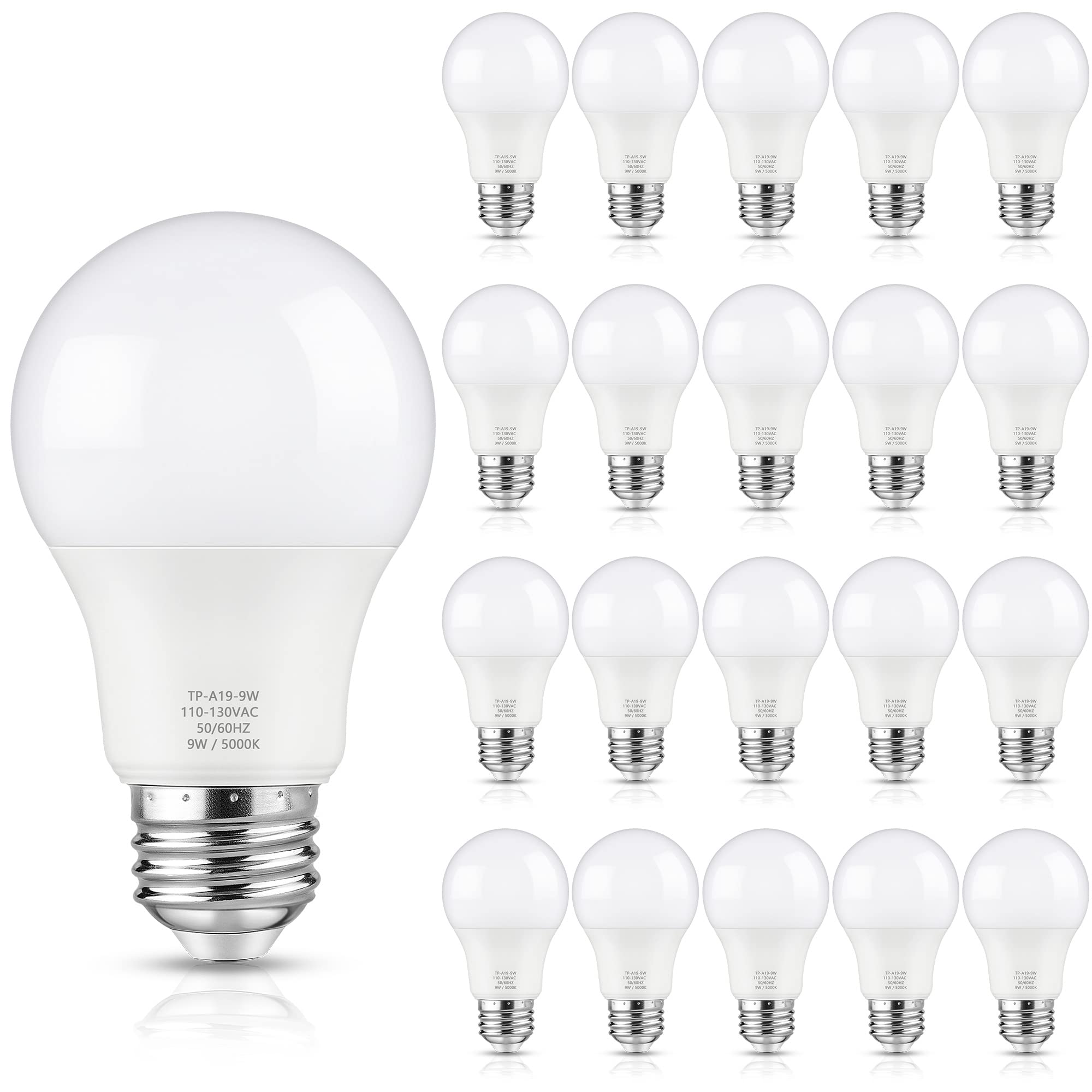 Maylaywood A19 LED Light Bulbs, 60 Watt Equivalent, 5000K Daylight White, 850LM, Non-Dimmable, E26 Base, 9W Bright White LED Bulb, 20-Pack Image
