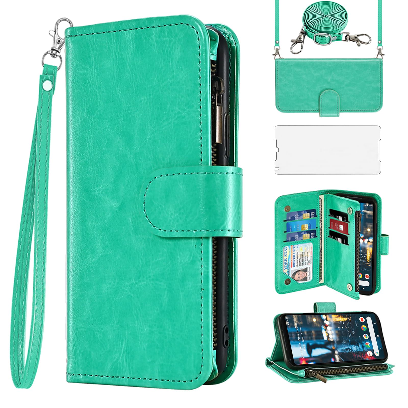 Photo 1 of Asuwish Phone Case for Google Pixel 2XL Wallet Cell Cover with Tempered Glass Screen Protector Crossbody Strap Flip Zipper Card Holder Slot Stand Pixle 2 XL Pixel2XL Pixel2 LX Women Girls Men Green