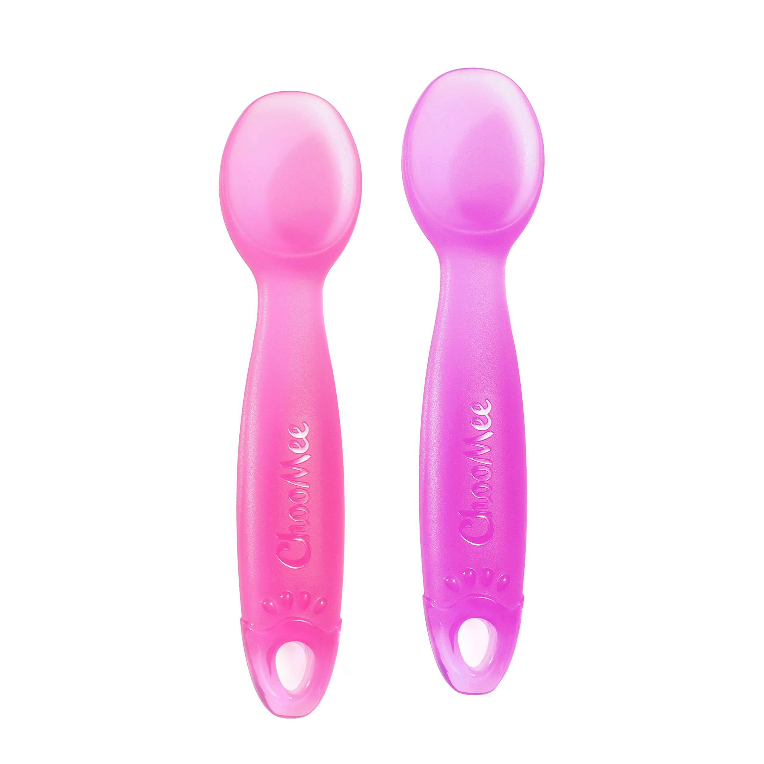 ChooMee Baby Spoons, FirstSpoon | Baby Led Weaning | Scoop and Catch Tiny Bites | Pediatrician Approved Stage One Learning Utensil, 100% Silicone Chew Friendly Material, BPA Free | 2 CT | Pink Purple