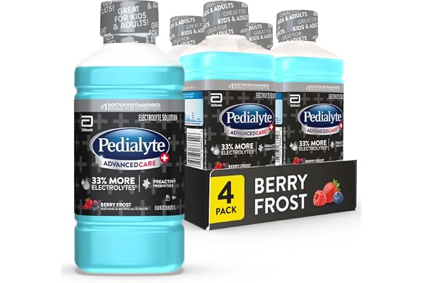 Pedialyte AdvancedCare Plus Electrolyte Hydration Drink, Has 33% More Electrolytes and Has PreActiv Prebiotics, Berry Frost, 1 Liter, Pack of 4