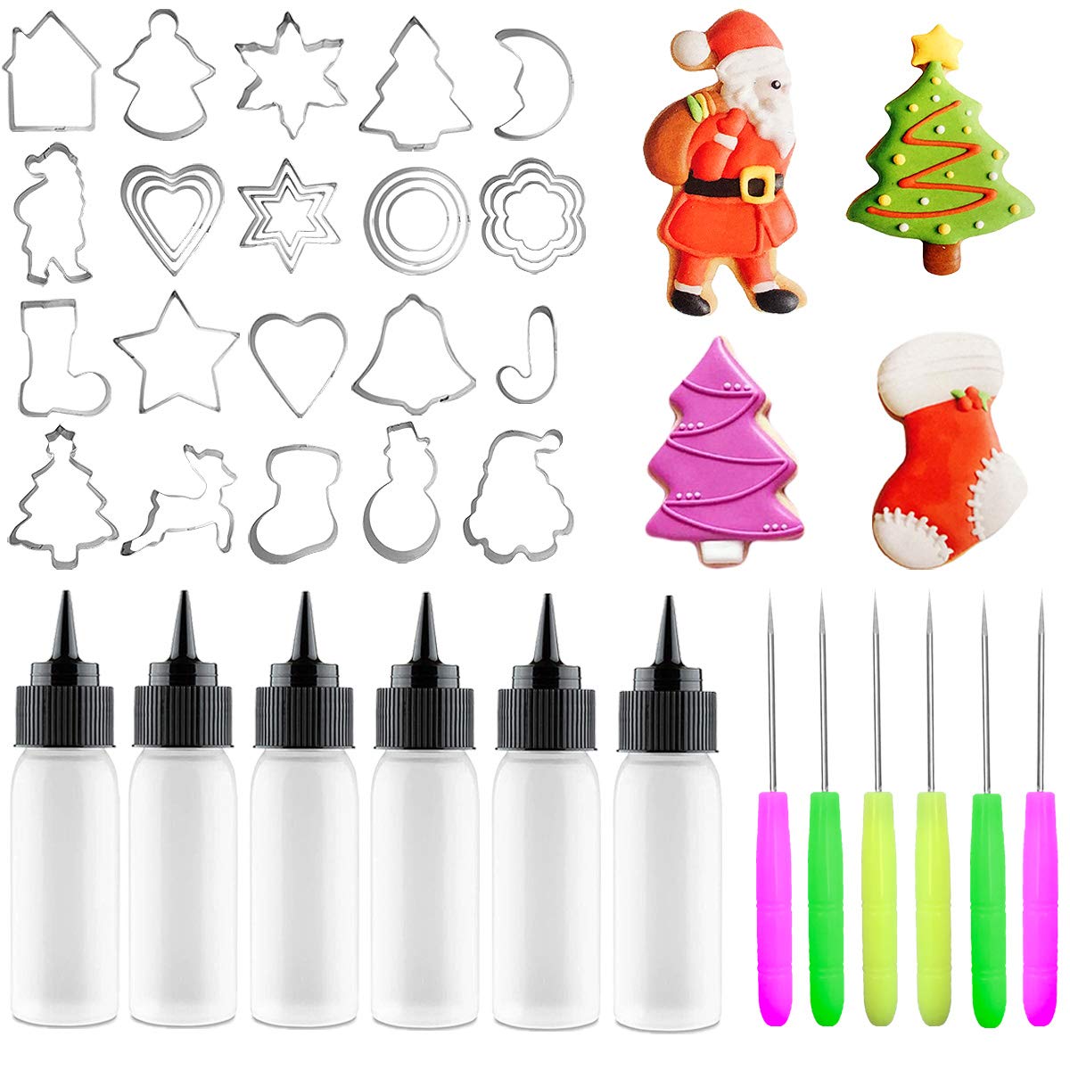 Artcome Cookie Dekorieren Werkzeug Set - 40 Piece Kit, Including 28 Cookie Cutters, 6 Push-in Decorating Bottles, 6 Sugar Writing Needles - Perfect for DIY Cookie Decorating